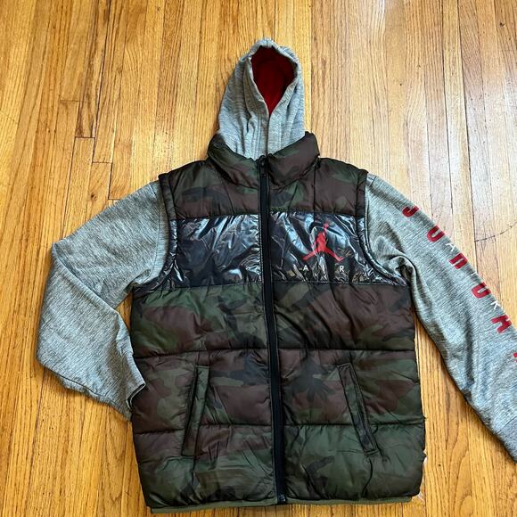 Nike Jordan Jacket Kids Youth Large Camo Green Hooded Winter Coat ** - Picture 1 of 8